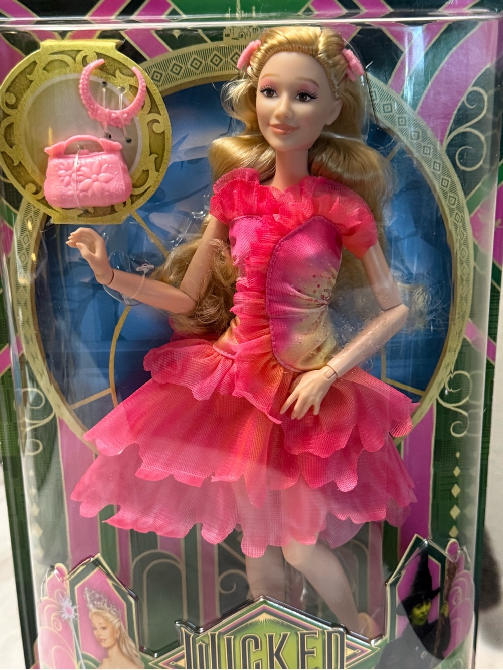 Mattel Wicked Glinda 11" Fashion Doll Blonde Wavy Hair Pink Dress Purse NIB